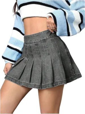 Floerns Women's Casual High Waisted Pleated Hem Zipper Up Denim Skirt Short Skirts