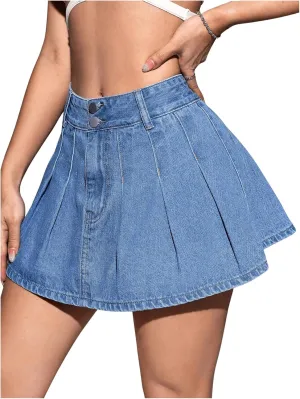 Floerns Women's Casual High Waisted Pleated Hem Zipper Up Denim Skirt Short Skirts