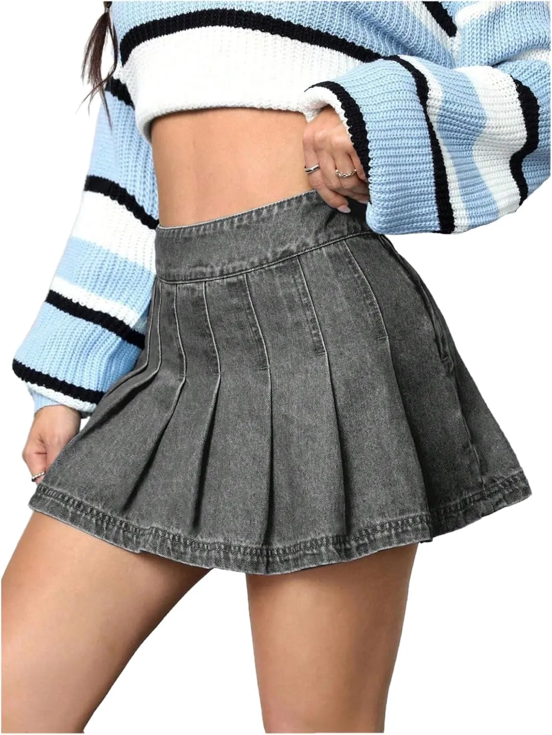 Floerns Women's Casual High Waisted Pleated Hem Zipper Up Denim Skirt Short Skirts