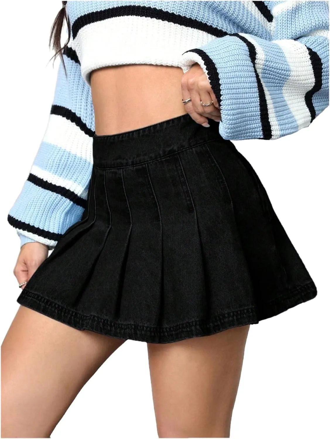 Floerns Women's Casual High Waisted Pleated Hem Zipper Up Denim Skirt Short Skirts