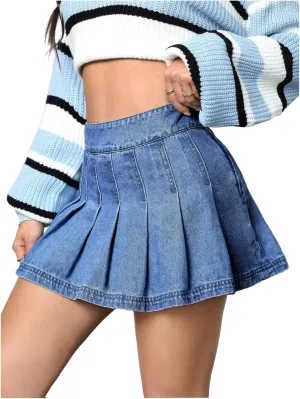 Floerns Women's Casual High Waisted Pleated Hem Zipper Up Denim Skirt Short Skirts