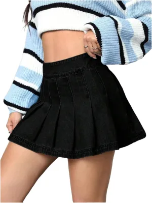 Floerns Women's Casual High Waisted Pleated Hem Zipper Up Denim Skirt Short Skirts