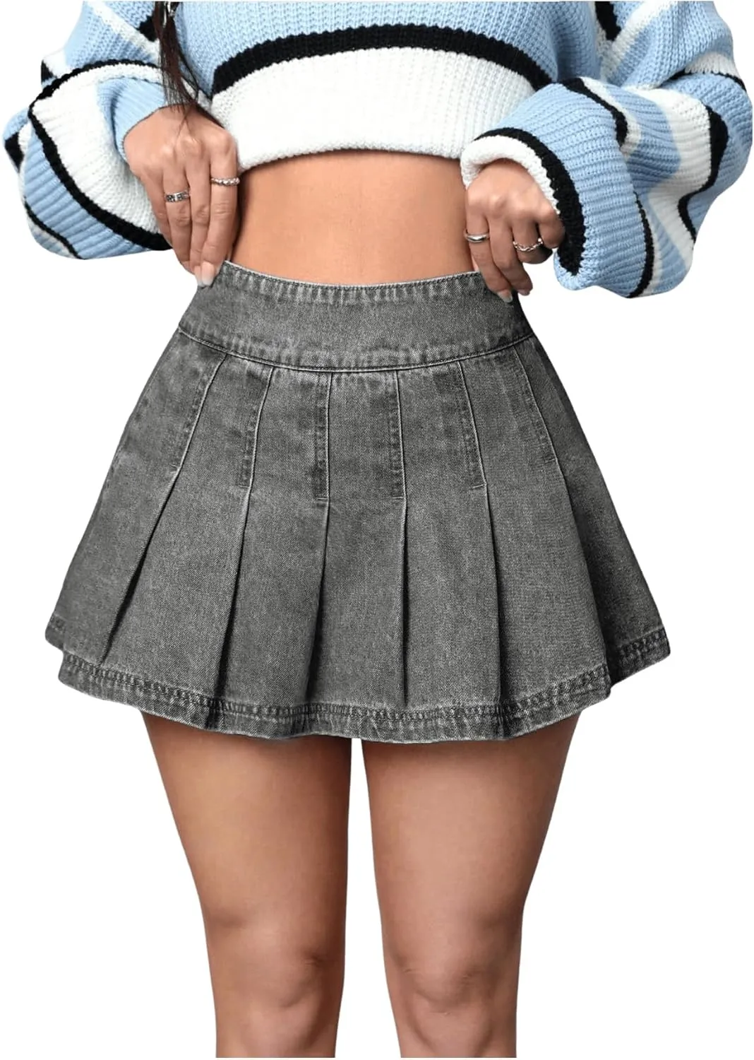 Floerns Women's Casual High Waisted Pleated Hem Zipper Up Denim Skirt Short Skirts