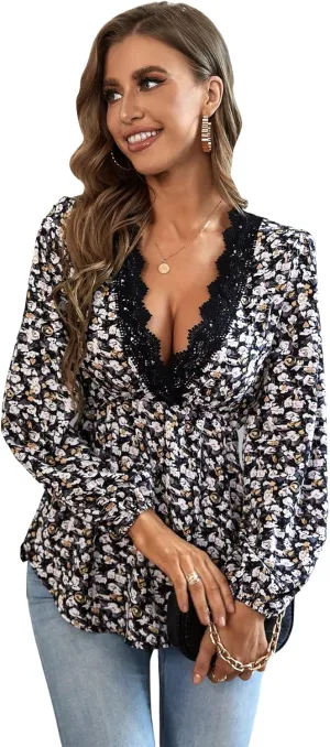 Floerns Women's Contrast Lace V Neck Lantern Long Sleeve Boho Peplum Blouse Top