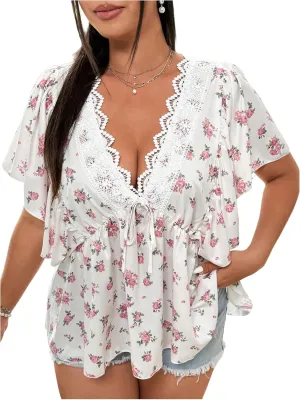 Floerns Women's Plus Size Lace Trim V Neck Peplum Tops Short Sleeve Flared Cute Blouses