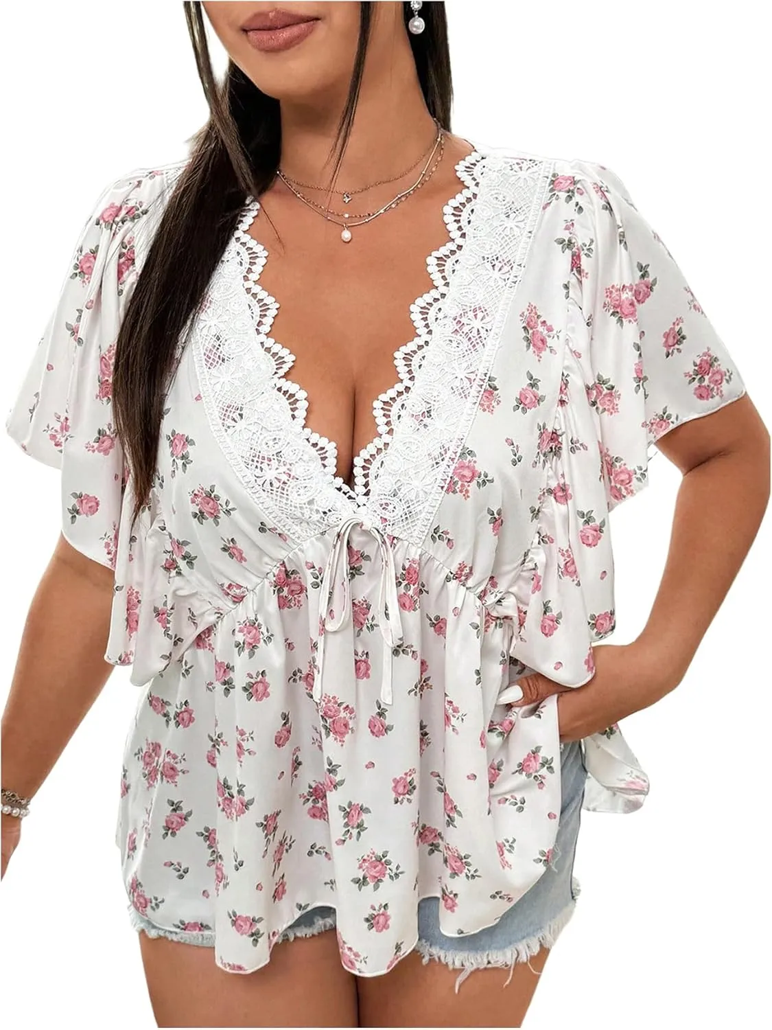 Floerns Women's Plus Size Lace Trim V Neck Peplum Tops Short Sleeve Flared Cute Blouses