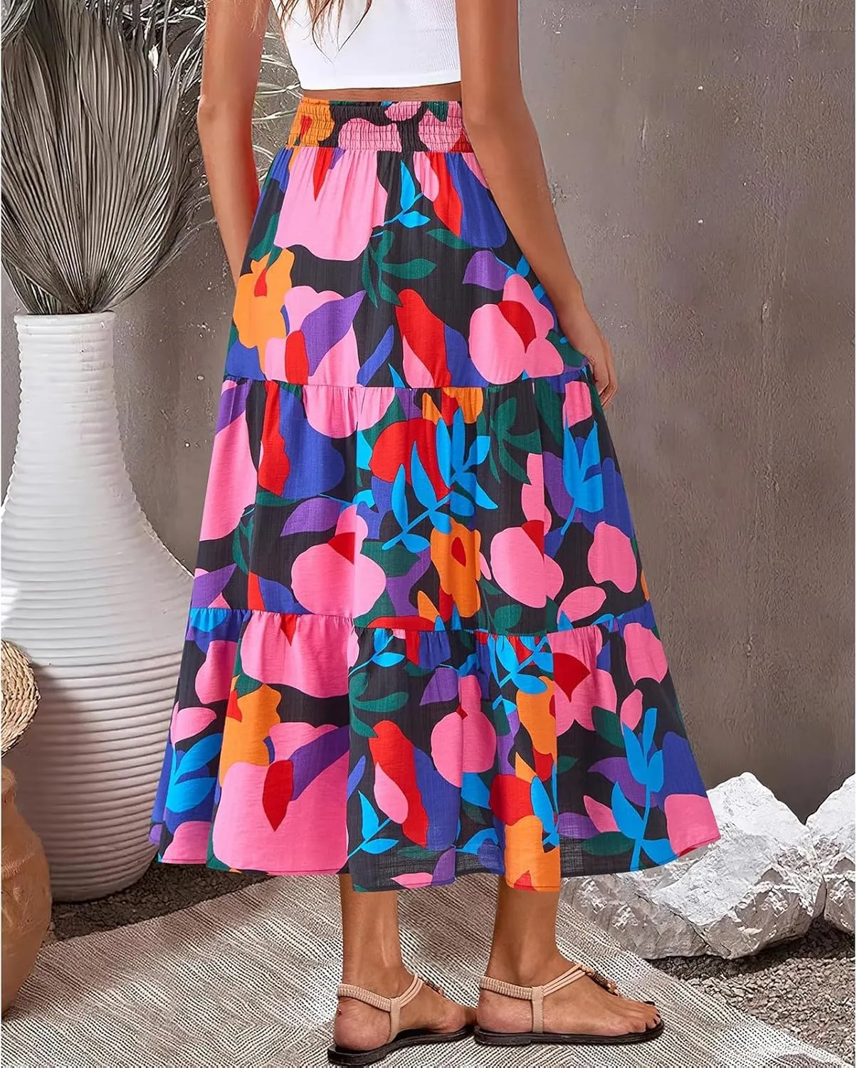 Floral Maxi Skirts for Women 2025 Summer High Waisted Tiered Long Skirt Boho Flowy A Line Ruffle Hem Beach Skirt