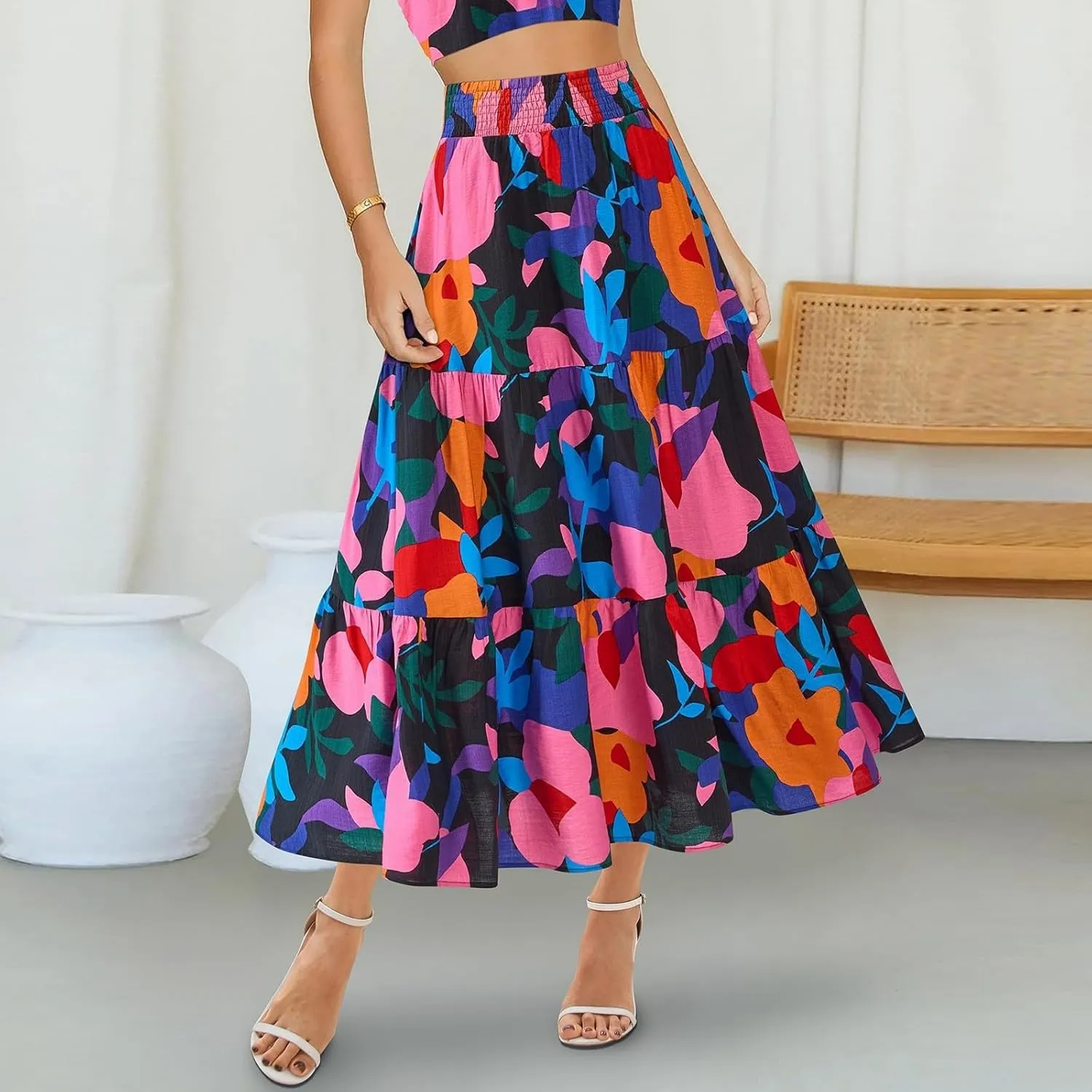 Floral Maxi Skirts for Women 2025 Summer High Waisted Tiered Long Skirt Boho Flowy A Line Ruffle Hem Beach Skirt