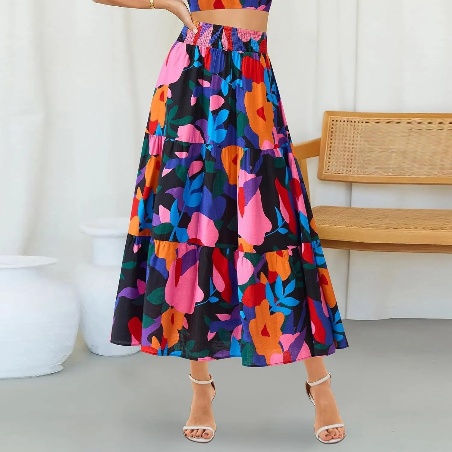Floral Maxi Skirts for Women 2025 Summer High Waisted Tiered Long Skirt Boho Flowy A Line Ruffle Hem Beach Skirt