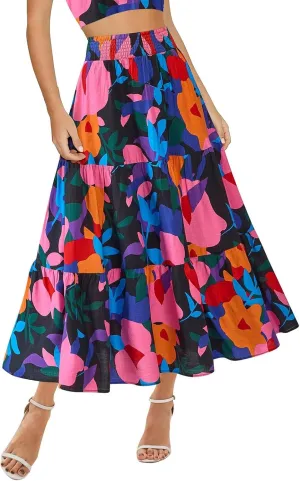 Floral Maxi Skirts for Women 2025 Summer High Waisted Tiered Long Skirt Boho Flowy A Line Ruffle Hem Beach Skirt