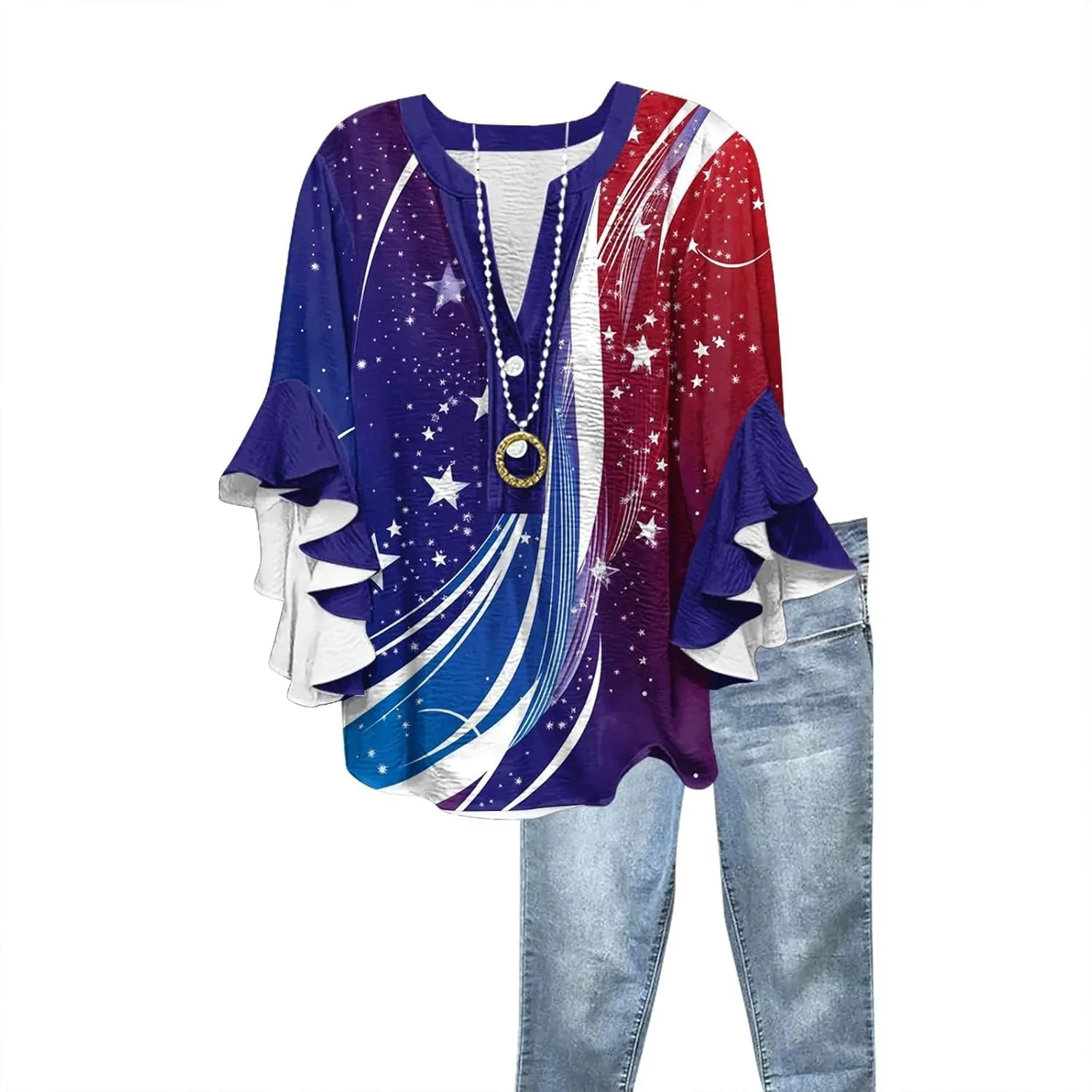 Fourth Of July Shirts For Women V Neck, 3/4 Sleeve Red White And Blue Summer Blouses Flowy Half Button Down Tops