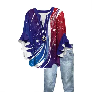 Fourth Of July Shirts For Women V Neck, 3/4 Sleeve Red White And Blue Summer Blouses Flowy Half Button Down Tops