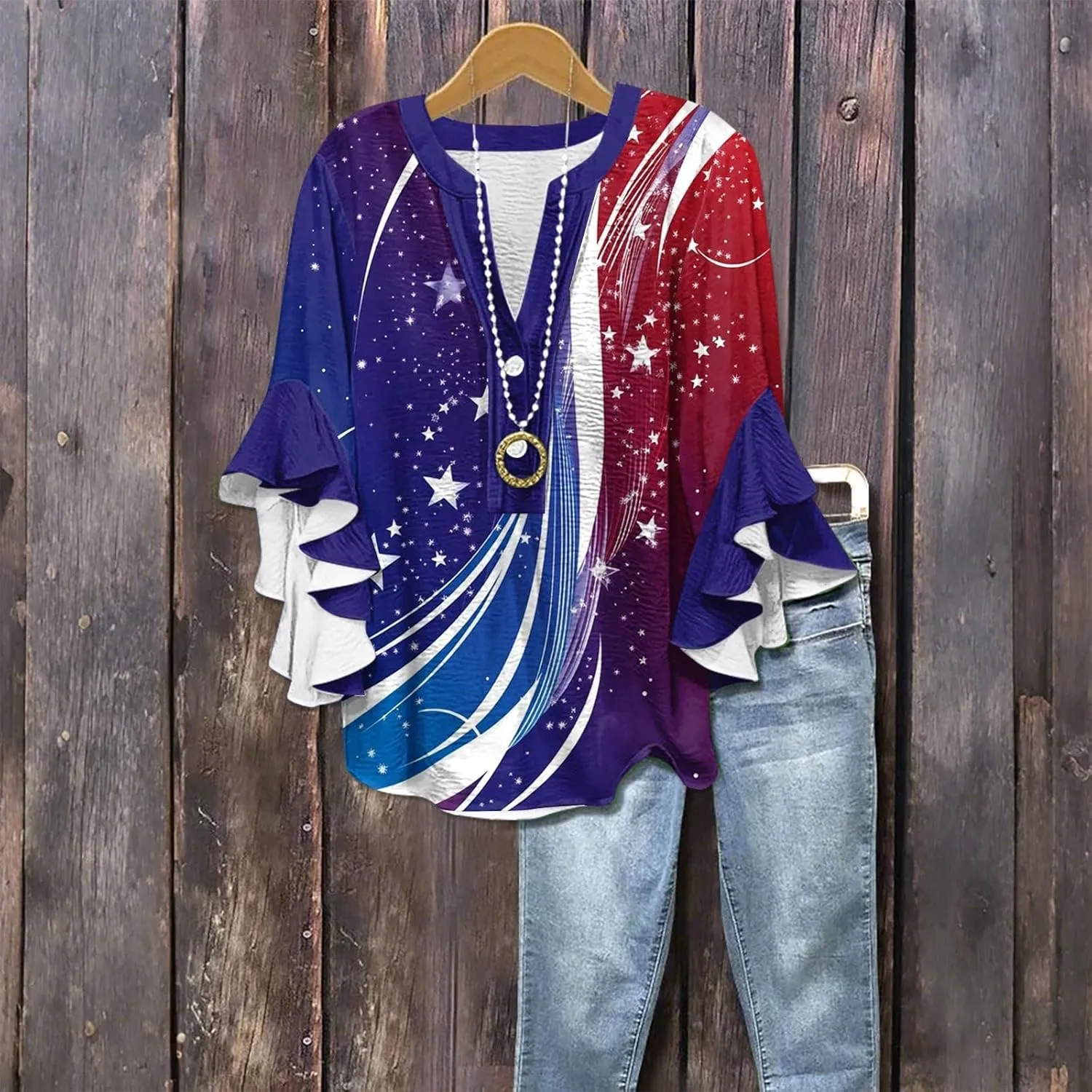 Fourth Of July Shirts For Women V Neck, 3/4 Sleeve Red White And Blue Summer Blouses Flowy Half Button Down Tops