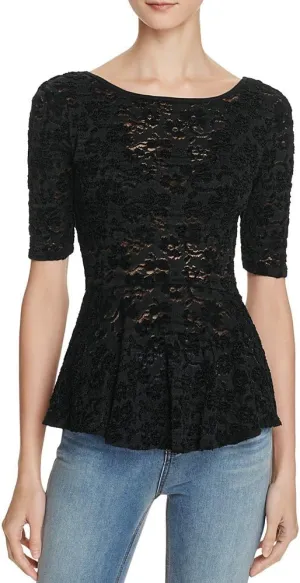 Free People Womens Lace Scooped Back Peplum Top Black XS
