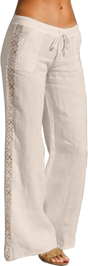 FZVYD Cotton Linen Women's Casual Pants Wide Leg Elastic Drawstring Low Waist Loose Comfy Baggy Long Trousers with Pockets