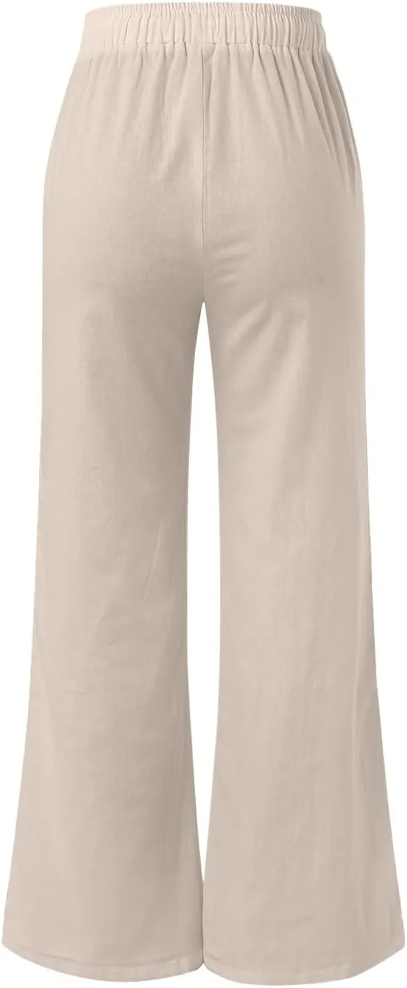 FZVYD Cotton Linen Women's Casual Pants Wide Leg Elastic Drawstring Low Waist Loose Comfy Baggy Long Trousers with Pockets