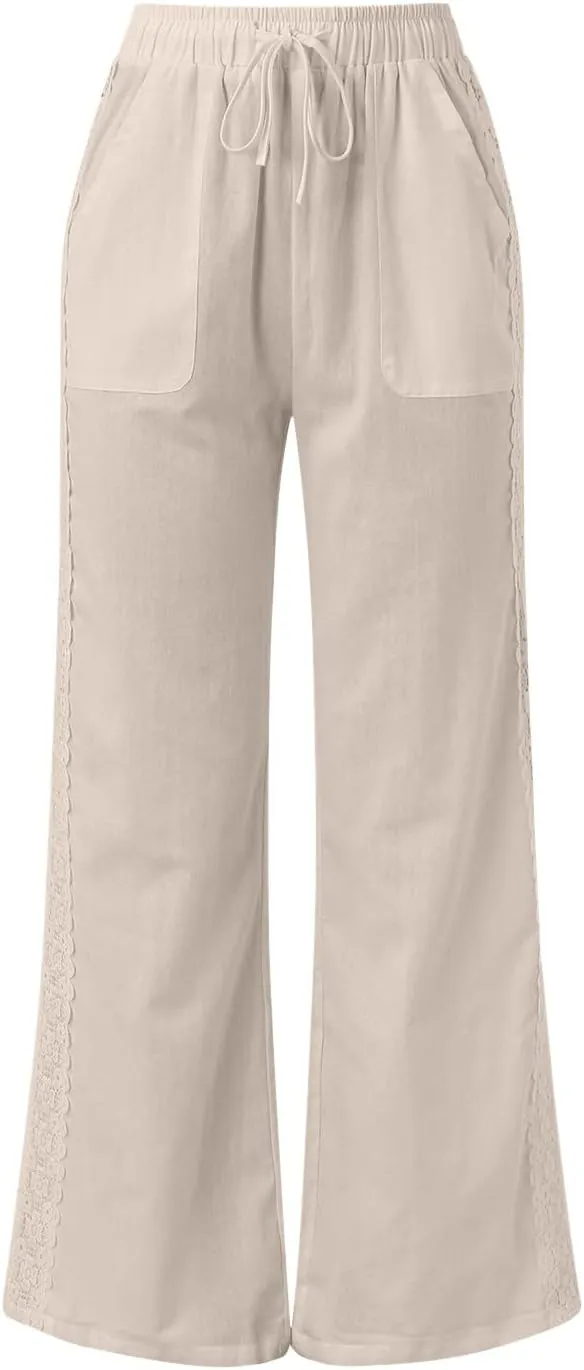 FZVYD Cotton Linen Women's Casual Pants Wide Leg Elastic Drawstring Low Waist Loose Comfy Baggy Long Trousers with Pockets