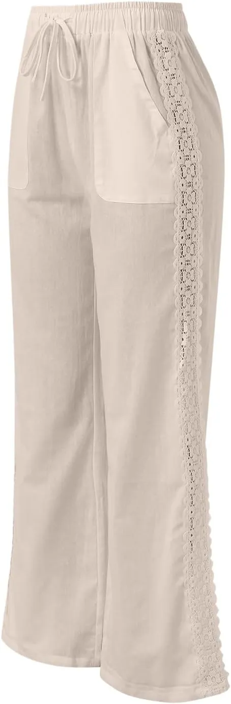 FZVYD Cotton Linen Women's Casual Pants Wide Leg Elastic Drawstring Low Waist Loose Comfy Baggy Long Trousers with Pockets