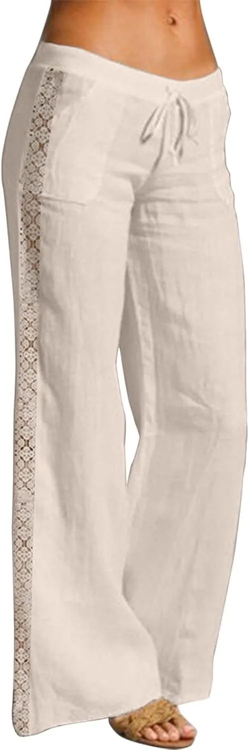 FZVYD Cotton Linen Women's Casual Pants Wide Leg Elastic Drawstring Low Waist Loose Comfy Baggy Long Trousers with Pockets