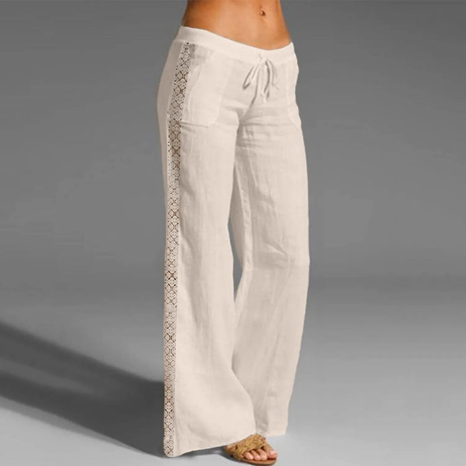 FZVYD Cotton Linen Women's Casual Pants Wide Leg Elastic Drawstring Low Waist Loose Comfy Baggy Long Trousers with Pockets