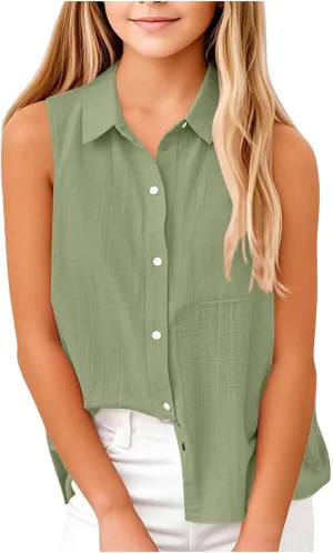 Girls Cotton Linen Shirt Sleeveless Button Up Lapel Collar Solid Color Tank Tops Fashion Casual Boho Vacation Tshirts