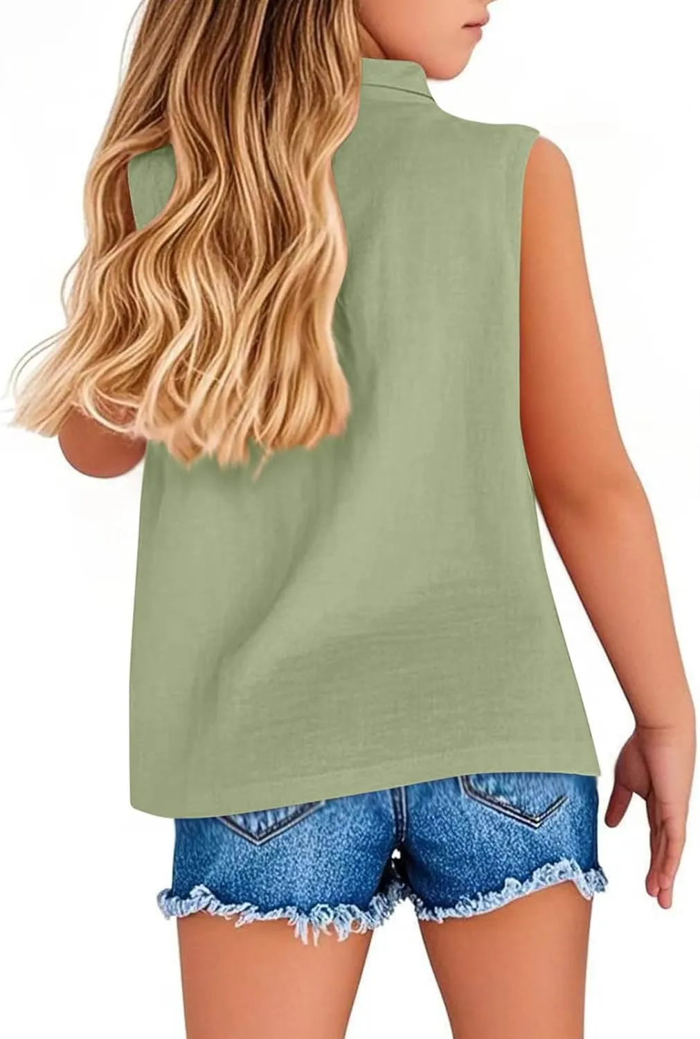 Girls Cotton Linen Shirt Sleeveless Button Up Lapel Collar Solid Color Tank Tops Fashion Casual Boho Vacation Tshirts