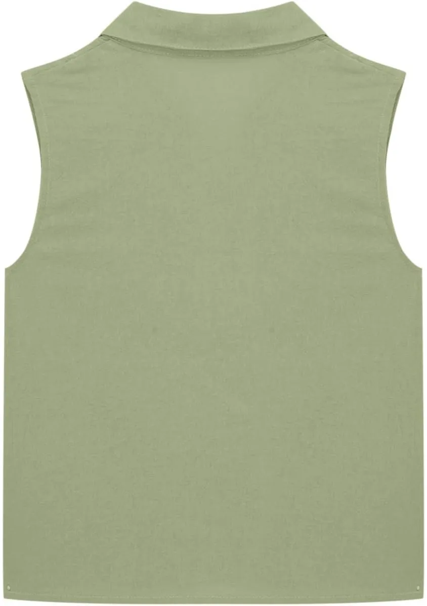 Girls Cotton Linen Shirt Sleeveless Button Up Lapel Collar Solid Color Tank Tops Fashion Casual Boho Vacation Tshirts