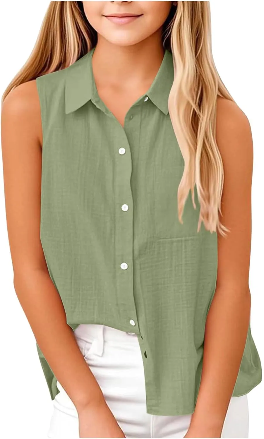 Girls Cotton Linen Shirt Sleeveless Button Up Lapel Collar Solid Color Tank Tops Fashion Casual Boho Vacation Tshirts