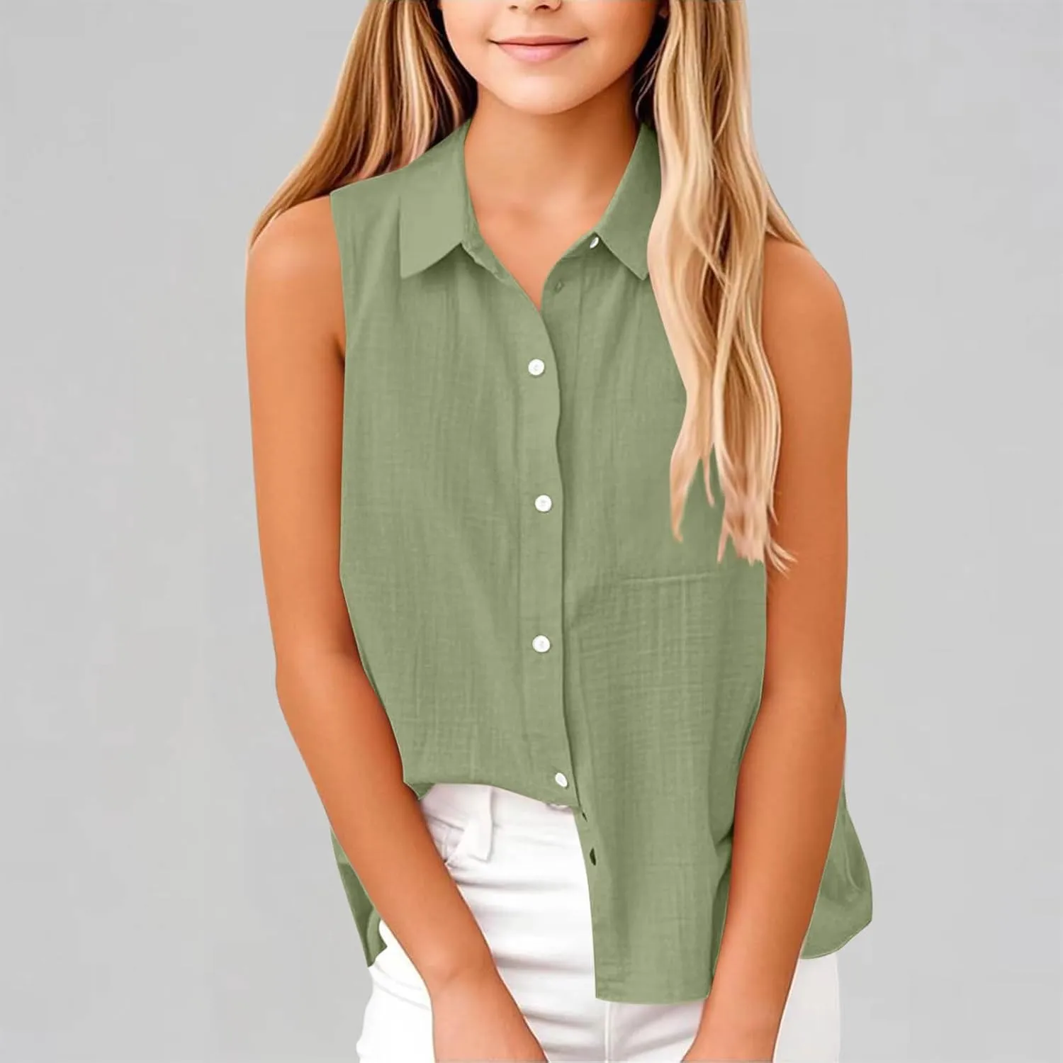 Girls Cotton Linen Shirt Sleeveless Button Up Lapel Collar Solid Color Tank Tops Fashion Casual Boho Vacation Tshirts