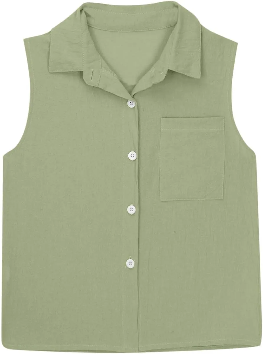 Girls Cotton Linen Shirt Sleeveless Button Up Lapel Collar Solid Color Tank Tops Fashion Casual Boho Vacation Tshirts