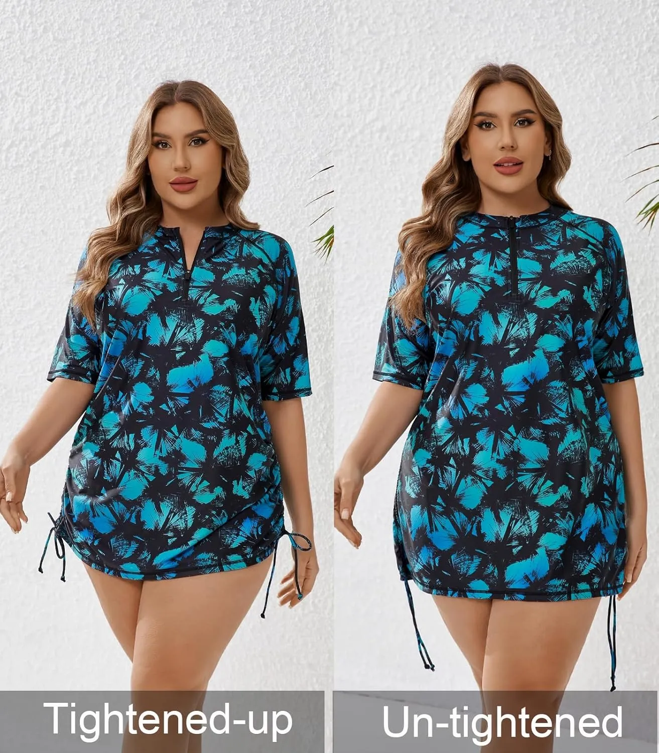 Halcurt Women's Plus Size Half Zip Short Sleeve Rash Guard Swim Top Drawstring Swim Shirt UPF50  Swimsuit
