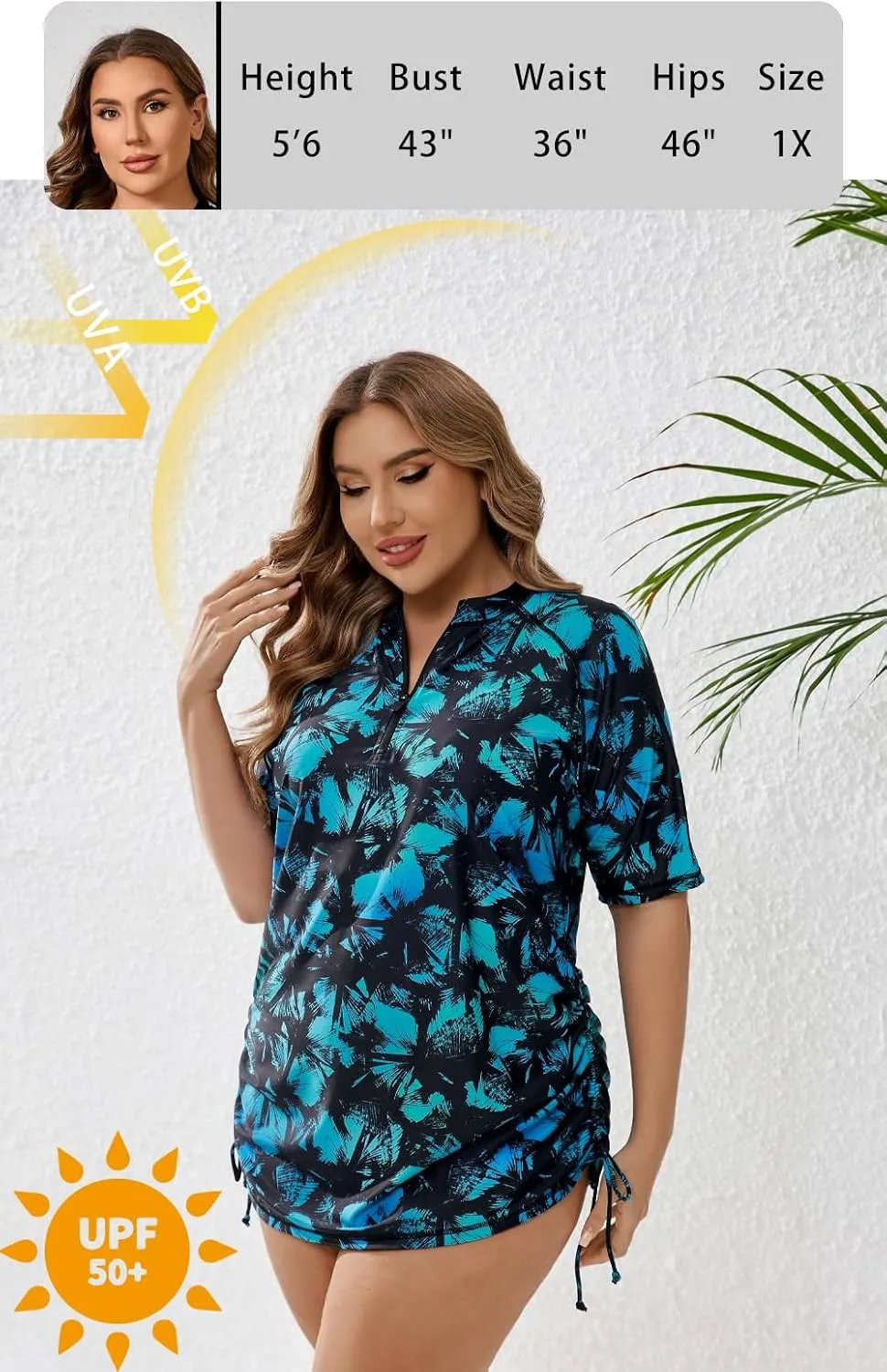 Halcurt Women's Plus Size Half Zip Short Sleeve Rash Guard Swim Top Drawstring Swim Shirt UPF50  Swimsuit