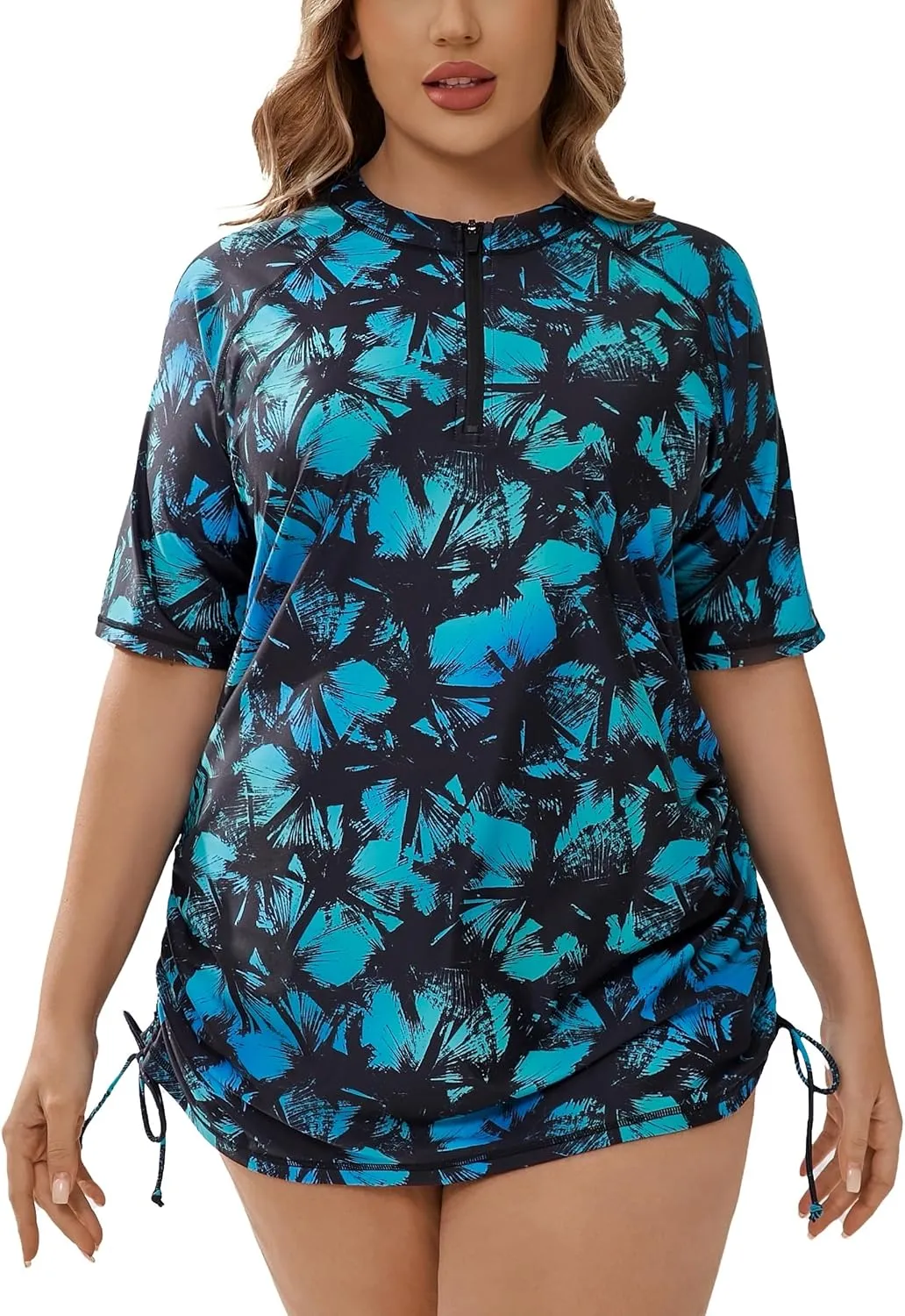 Halcurt Women's Plus Size Half Zip Short Sleeve Rash Guard Swim Top Drawstring Swim Shirt UPF50  Swimsuit
