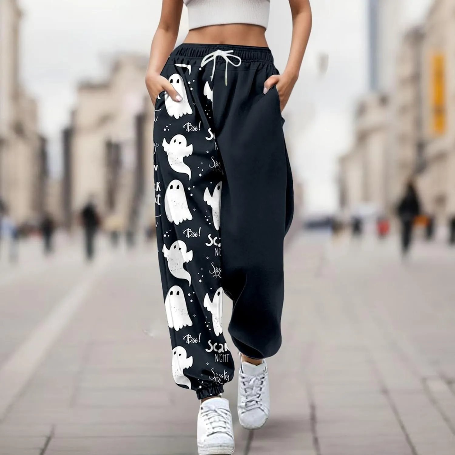 Halloween Cartoon Sweatpants Women Funny Ghostface Cinch Bottoms High Waist Workout Active Jogger Pants with Pockets