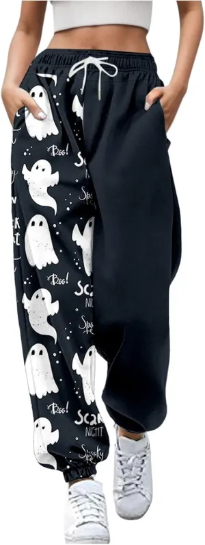 Halloween Cartoon Sweatpants Women Funny Ghostface Cinch Bottoms High Waist Workout Active Jogger Pants with Pockets