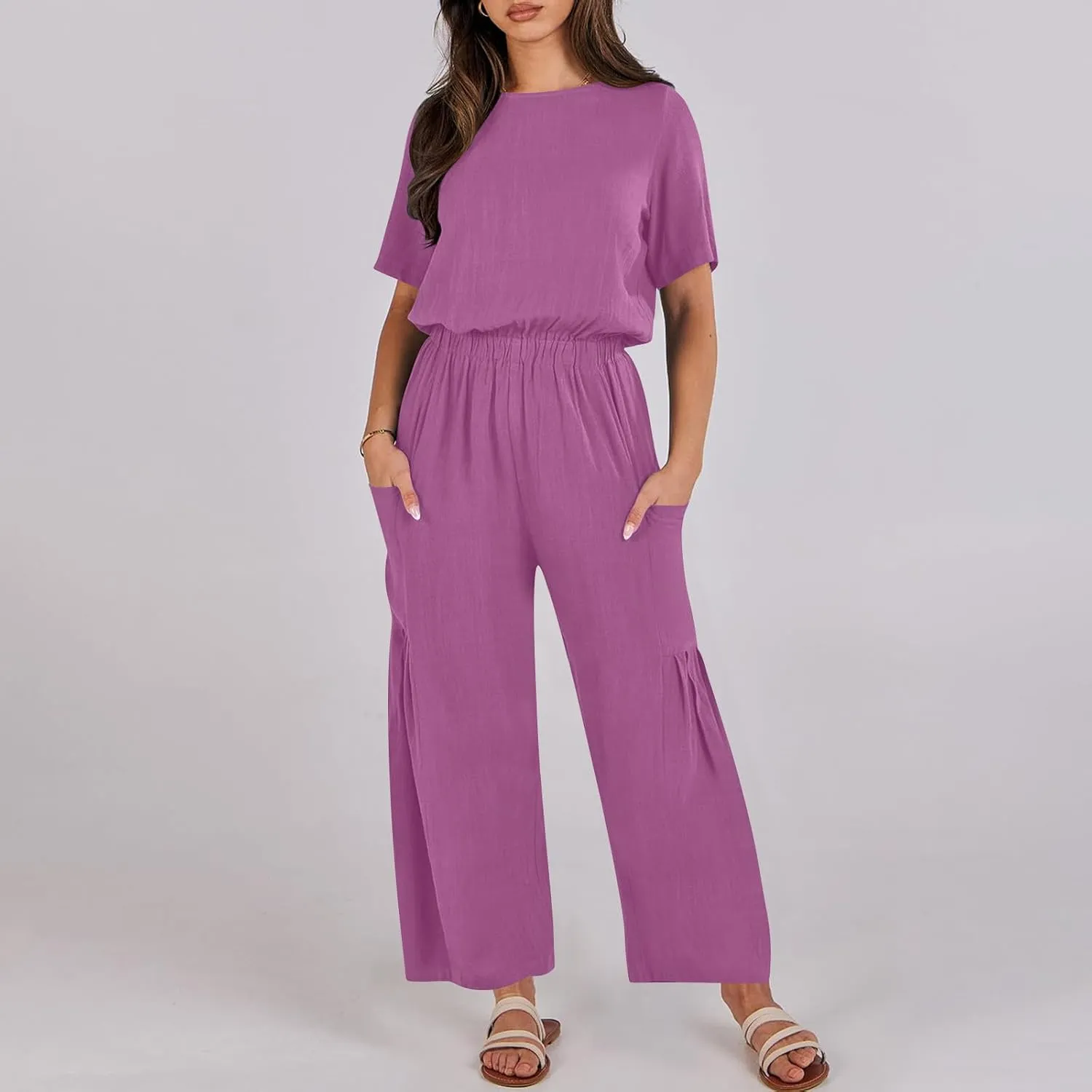 HGps8w Cotton Linen Jumpsuits for Women Casual Wide Leg Pants Romper 2025 Summer Short Sleeve One Piece Outfits with Pockets