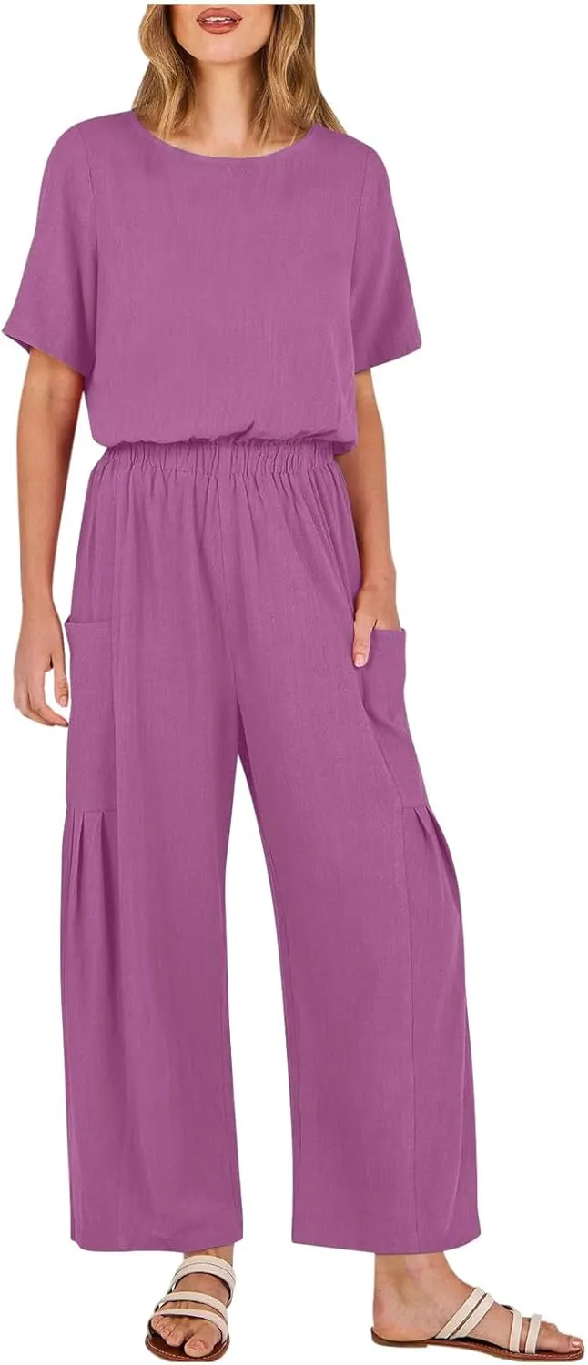 HGps8w Cotton Linen Jumpsuits for Women Casual Wide Leg Pants Romper 2025 Summer Short Sleeve One Piece Outfits with Pockets