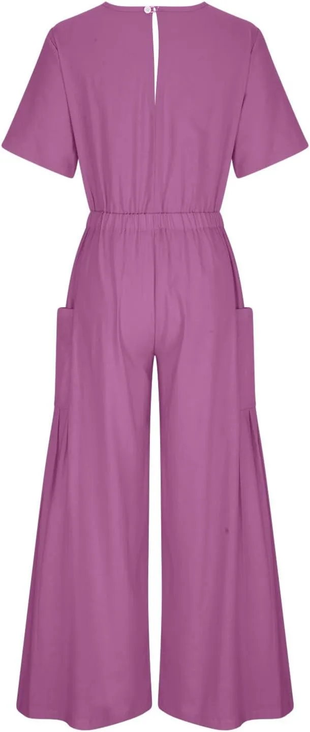 HGps8w Cotton Linen Jumpsuits for Women Casual Wide Leg Pants Romper 2025 Summer Short Sleeve One Piece Outfits with Pockets