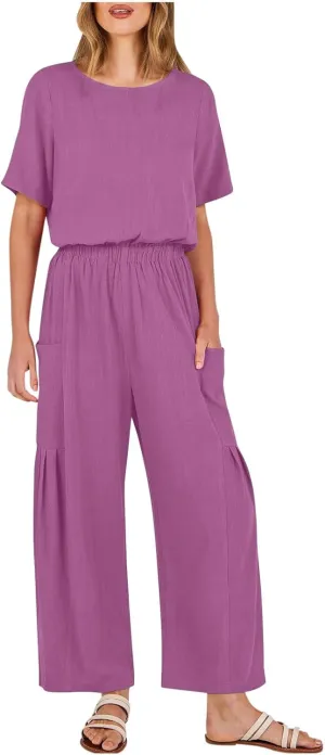 HGps8w Cotton Linen Jumpsuits for Women Casual Wide Leg Pants Romper 2025 Summer Short Sleeve One Piece Outfits with Pockets