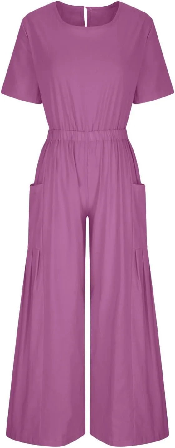 HGps8w Cotton Linen Jumpsuits for Women Casual Wide Leg Pants Romper 2025 Summer Short Sleeve One Piece Outfits with Pockets