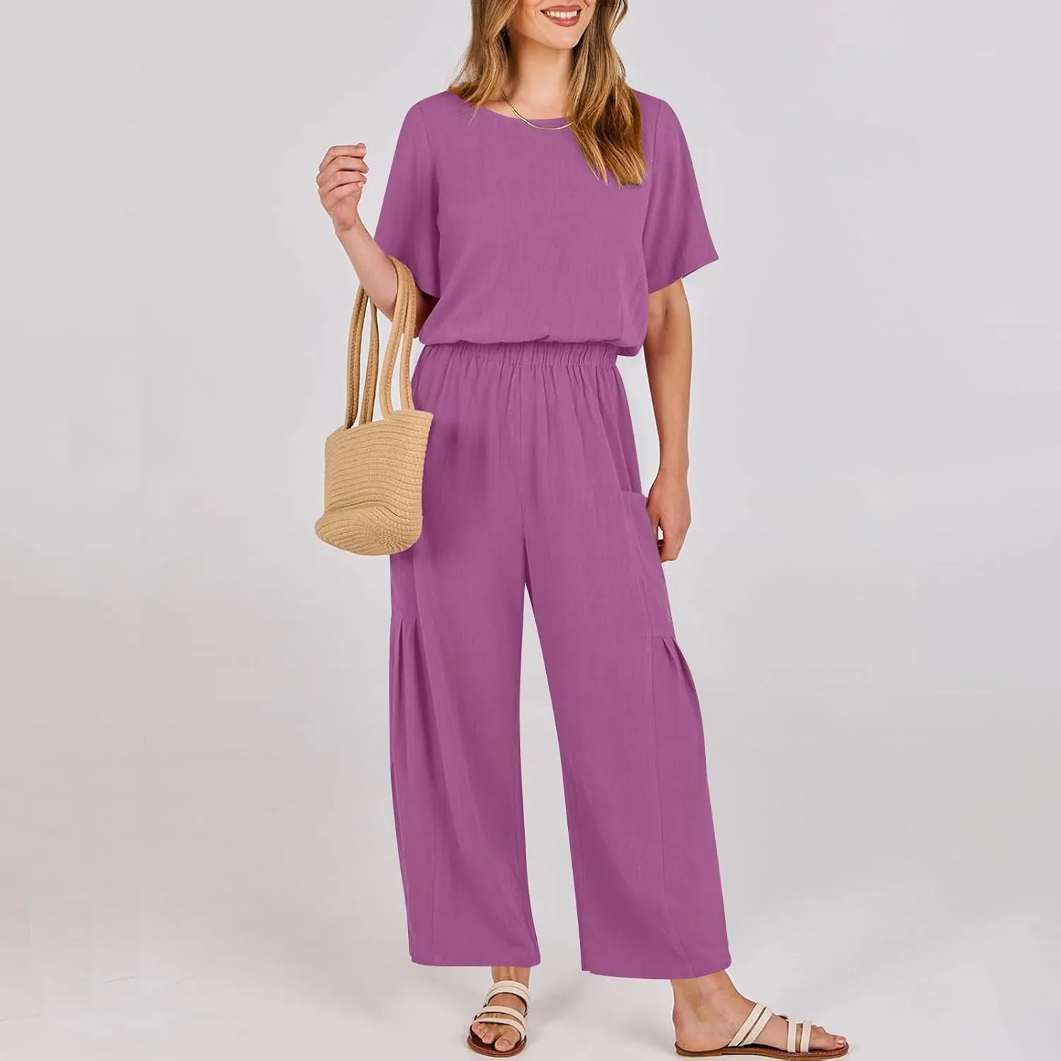 HGps8w Cotton Linen Jumpsuits for Women Casual Wide Leg Pants Romper 2025 Summer Short Sleeve One Piece Outfits with Pockets