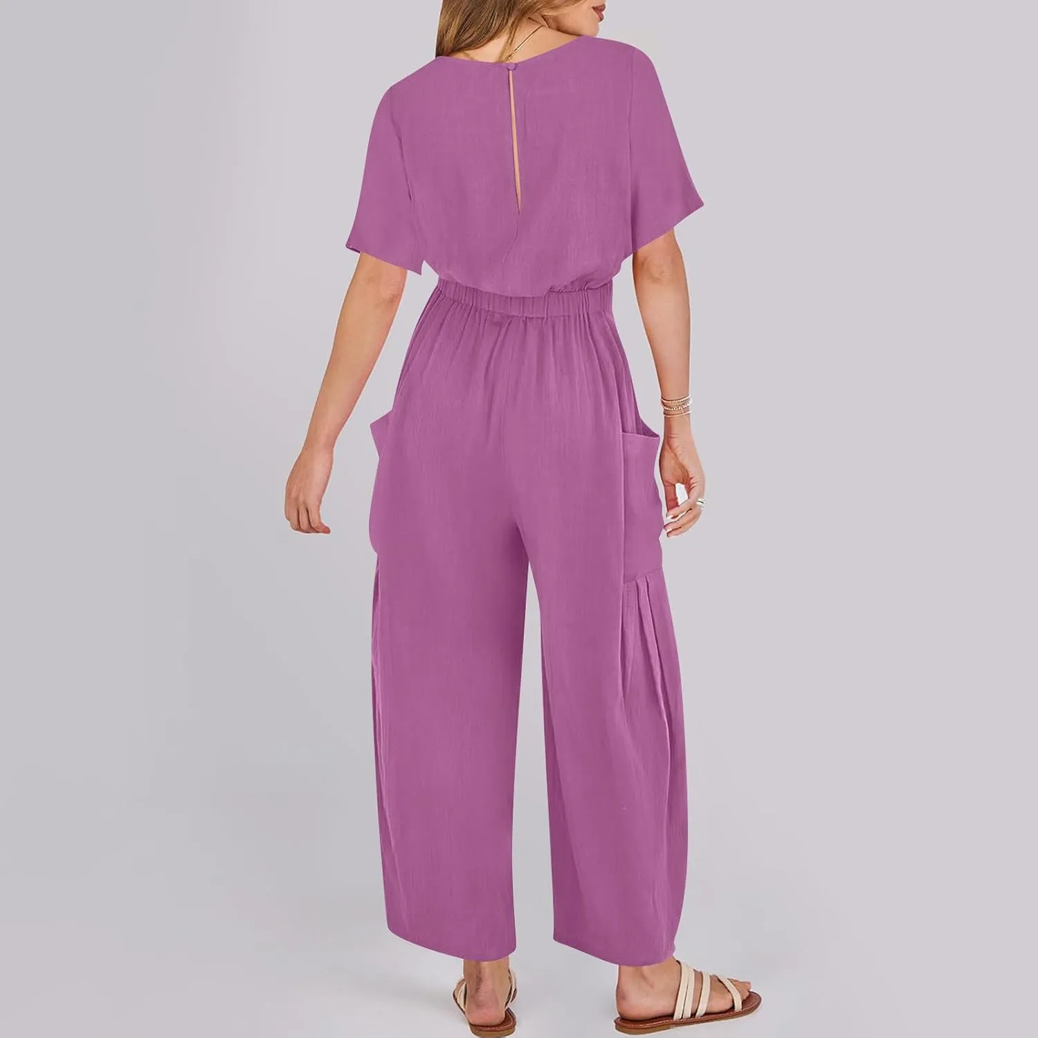 HGps8w Cotton Linen Jumpsuits for Women Casual Wide Leg Pants Romper 2025 Summer Short Sleeve One Piece Outfits with Pockets