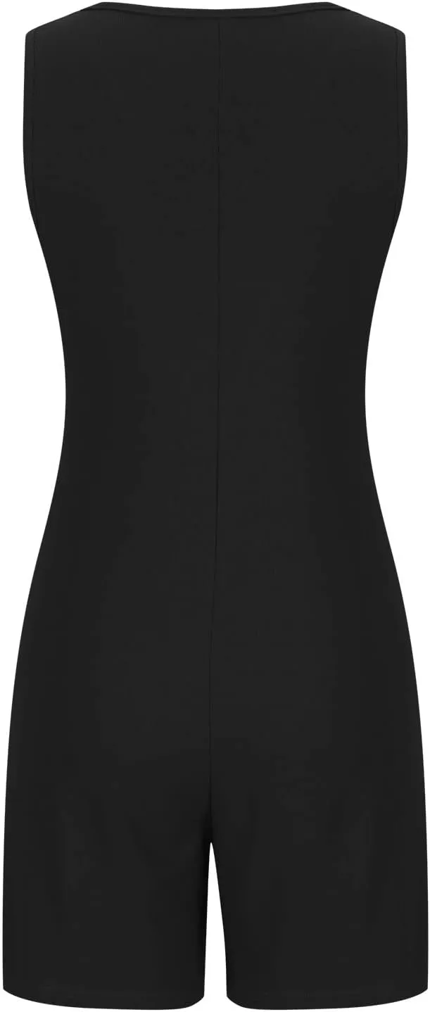 HGps8w Womens Loose Sleeveless Shorts Romper Summer Casual Waffle Knit Button Front Tank Top Jumpsuits with Pockets