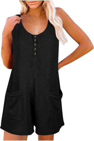 HGps8w Womens Loose Sleeveless Shorts Romper Summer Casual Waffle Knit Button Front Tank Top Jumpsuits with Pockets