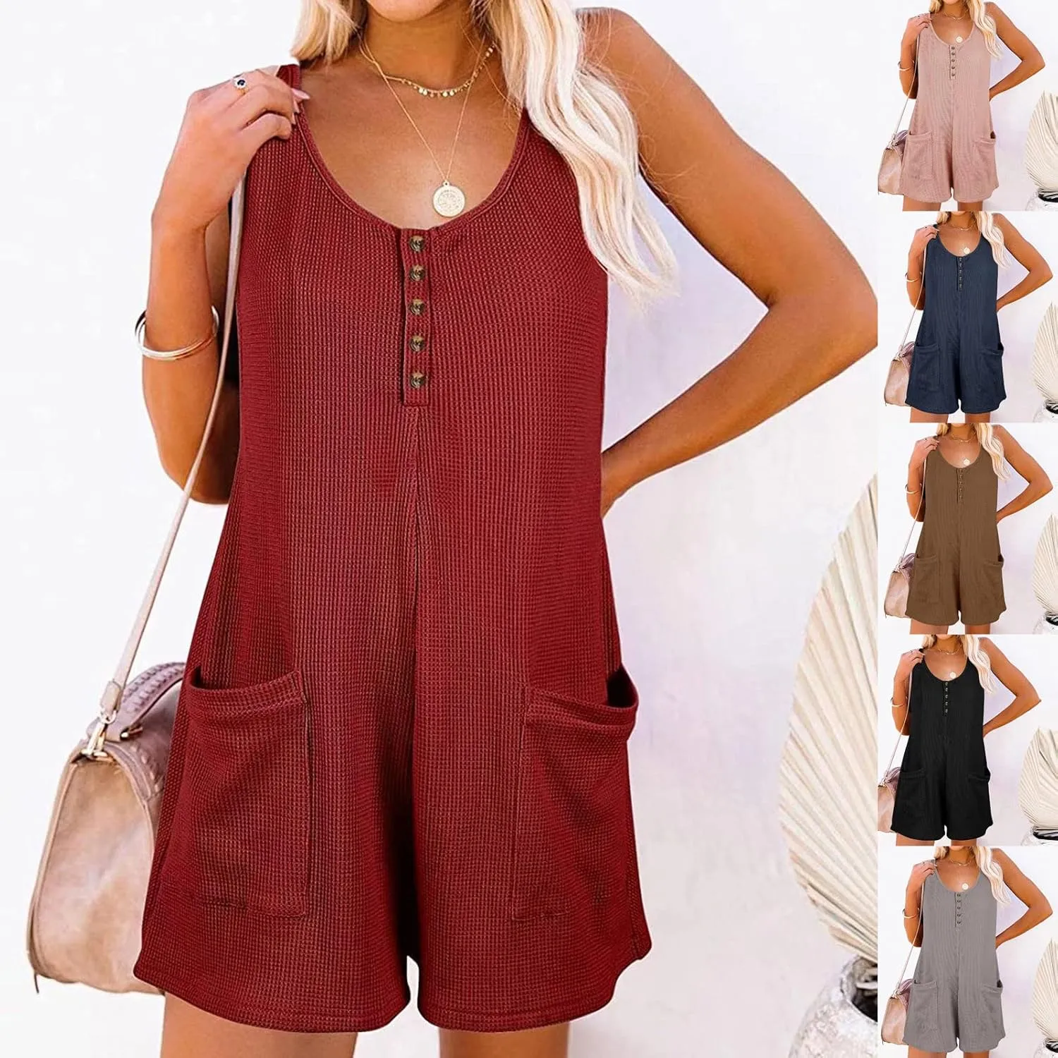 HGps8w Womens Loose Sleeveless Shorts Romper Summer Casual Waffle Knit Button Front Tank Top Jumpsuits with Pockets