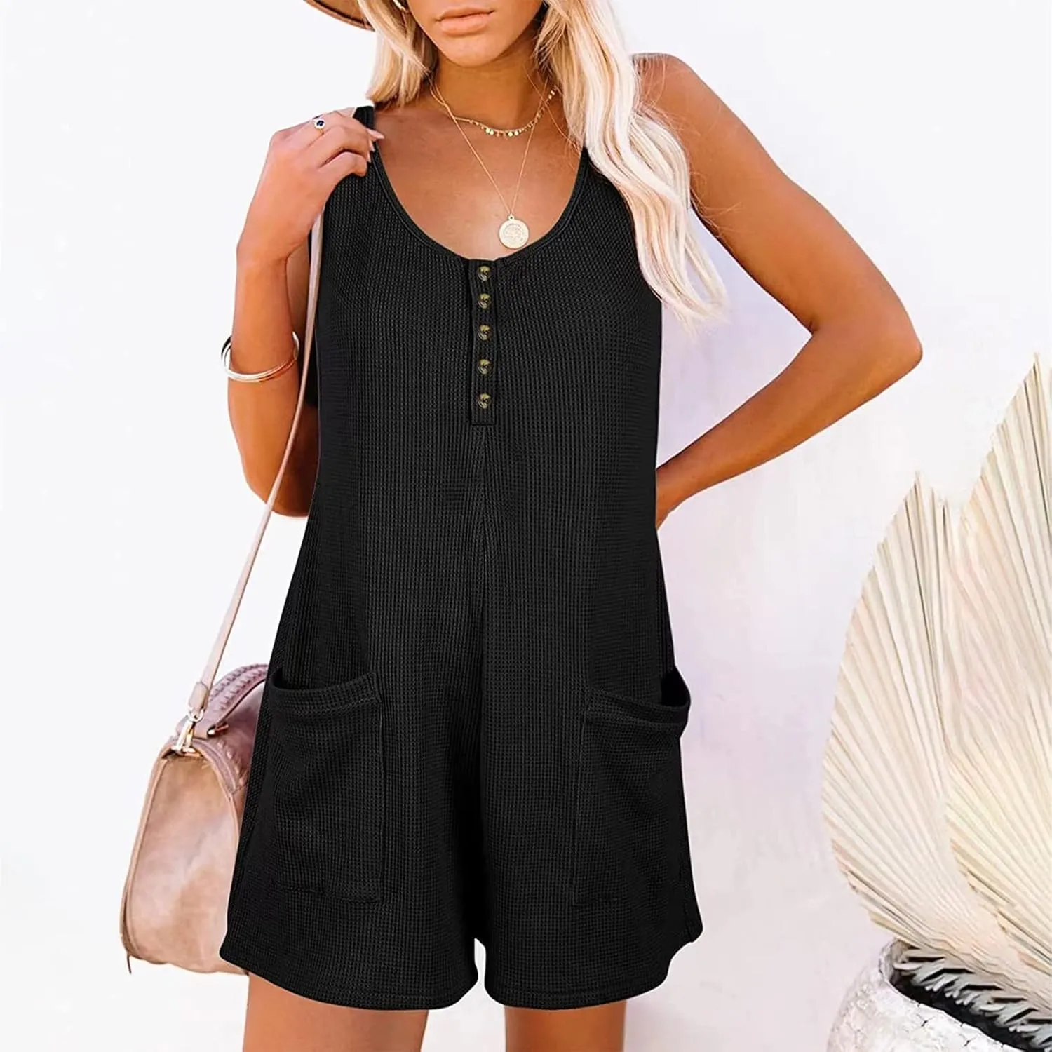 HGps8w Womens Loose Sleeveless Shorts Romper Summer Casual Waffle Knit Button Front Tank Top Jumpsuits with Pockets