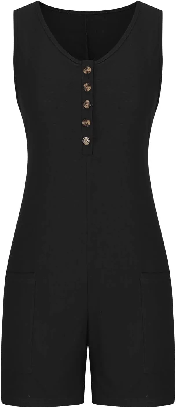 HGps8w Womens Loose Sleeveless Shorts Romper Summer Casual Waffle Knit Button Front Tank Top Jumpsuits with Pockets