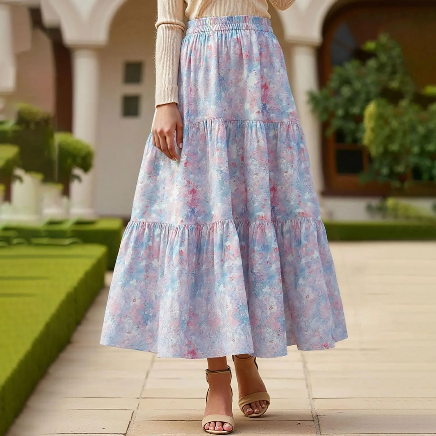 High Waisted Long Skirts for Women Ruffle Tiered Flowy A-Line Floral Skirt Vacation Summer Casual Beach Boho Dress