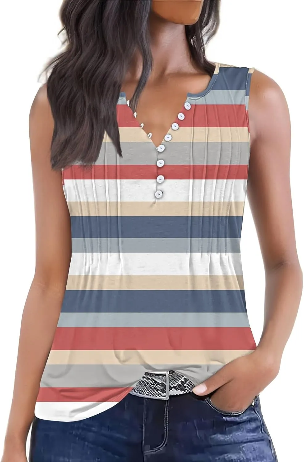 HTHLVMD Tank Tops for Women 2025 Summer Pleated Tunic Loose Fit Sleeveless Shirts Dressy Casual V Neck Button Down Blouses