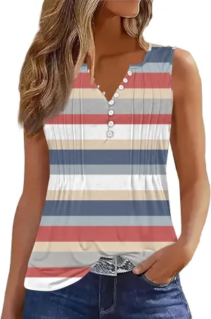 HTHLVMD Tank Tops for Women 2025 Summer Pleated Tunic Loose Fit Sleeveless Shirts Dressy Casual V Neck Button Down Blouses